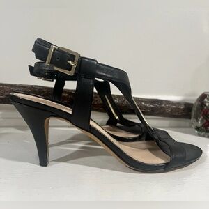 Black T-Strap Mid Heel Sandals